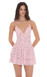 Floral Mesh Tiered Dress in Pink