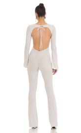 Silver Shimmer Open Back Jumpsuit in White