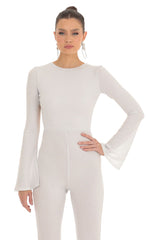 Silver Shimmer Open Back Jumpsuit in White