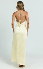 Heidi Maxi Dress - Satin Ruched Bust Tie Back Dress in Lemon